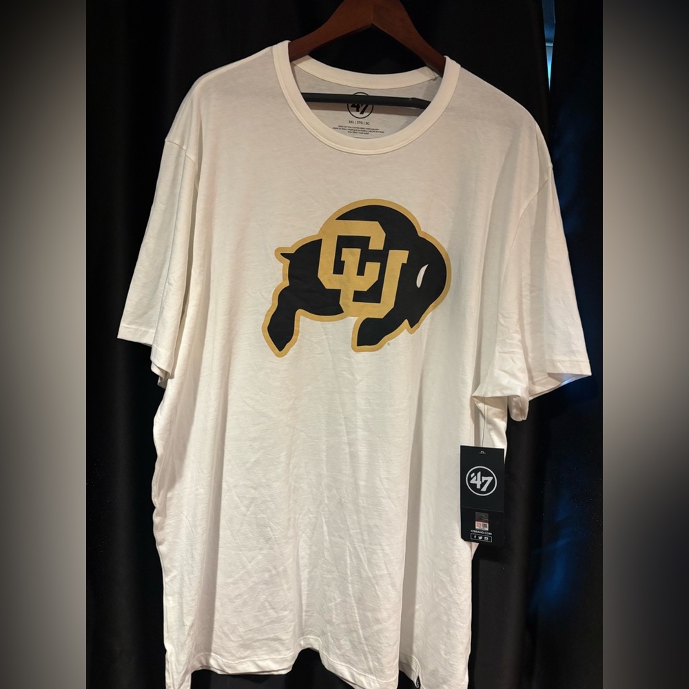 47 White Tee with Bold Black and Gold Design CU BOULDER
